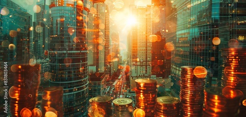 downtown city and rows of coins, financial hub, focus on, vivid tones, Double exposure silhouette with currency symbols