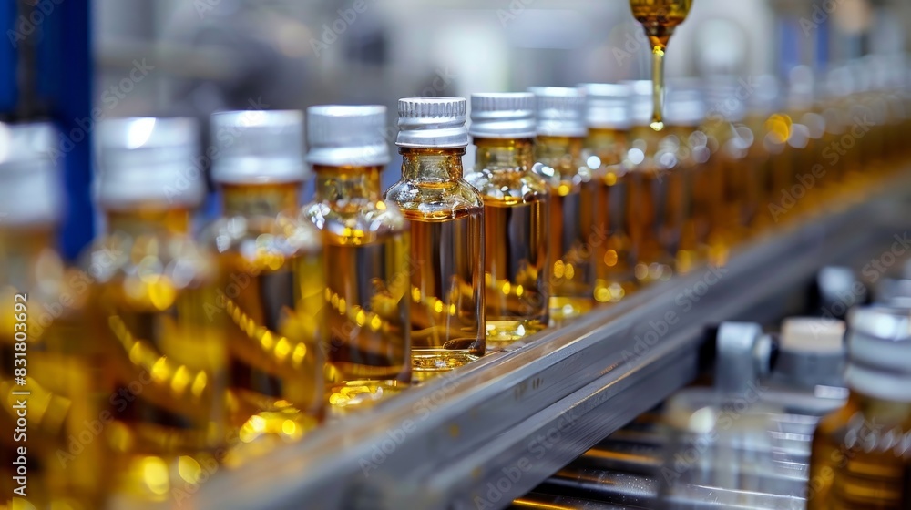 Modern perfume factory with automated conveyor line for cosmetic oil production process Modern perfume factory with automated conveyor line for cosmetic oil production process