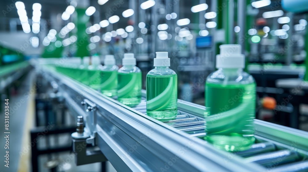 Modern perfume factory with automated conveyor line for cosmetic oil production process Modern perfume factory with automated conveyor line for cosmetic oil production process