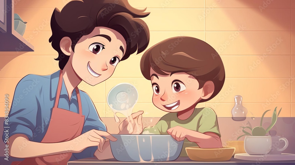 Boy helping mom wash dishes cartoon flat design top view kitchen theme cartoon drawing colored pastel Boy helping mom wash dishes cartoon flat design top view kitchen theme cartoon drawing colored pastel