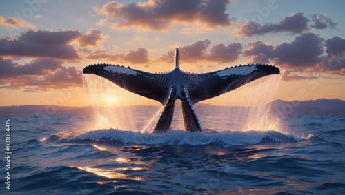 a whale's tail fin emerging from the ocean at sunset. photo