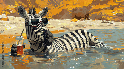   A zebra in water with a drink in its mouth and sunglasses on its head  painted