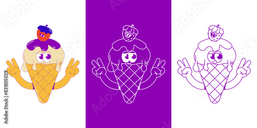 Funky ice cream with hands. A scoop of ice cream with chocolate in waffle cone and strawberry with cute faces. Character dessert mascot in groovy style. Vector surrealism illustration logo, branding