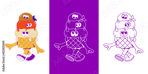 Funky walking ice cream. Three scoops of ice cream in waffle cup with cute faces, feet and hands. Cute character dessert mascot in groovy style. Vector surrealism illustration for logo, branding