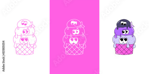 Trendy psychedelic sticker ice cream. Three scoops of ice cream in waffle cup with funky faces. Cute character dessert mascot in groovy style. Vector illustration for logo, product branding