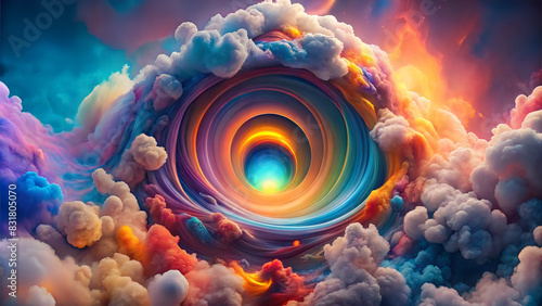 abstract background A swirling vortex of vibrant colors pierces through a layer of fluffy clouds, creating a mesmerizing spectacle of light and imagination. photo
