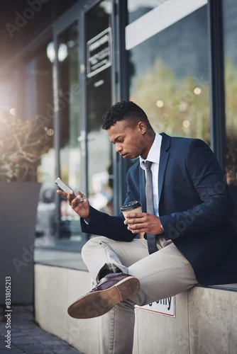 Obraz City, business and man with phone on coffee break reading news, info or lawyer to contact client online. Typing, email and attorney planning reminder in notes, app or consulting law on internet