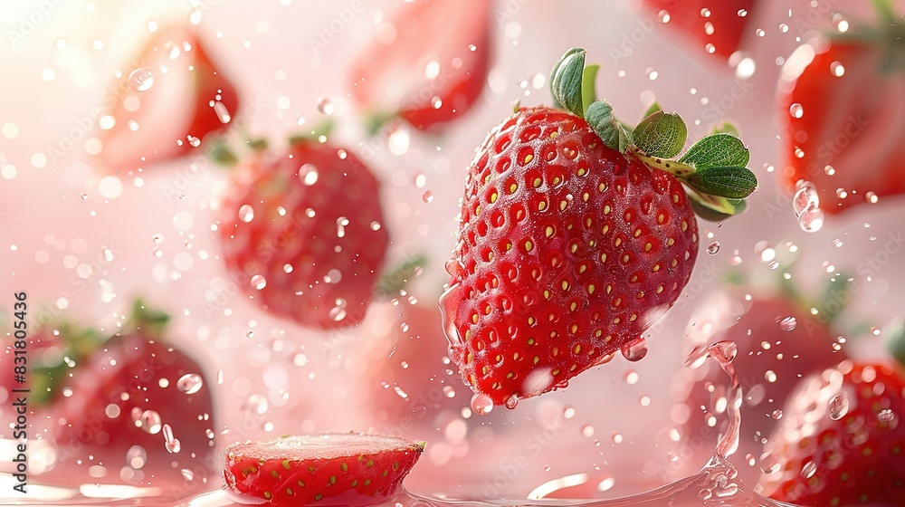 Close-up of a strawberry floating in mid-air, with droplets of water splashing from its base Close-up of a strawberry floating in mid-air, with droplets of water splashing from its base