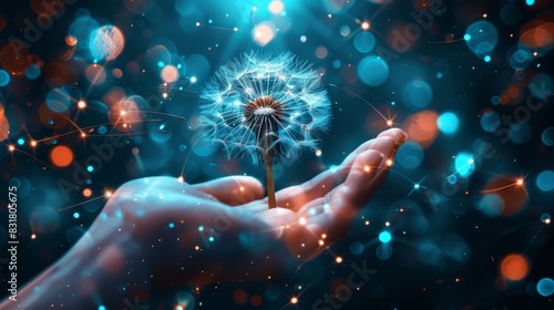 A composite image of a dandelion in a hand with each seed representing a different aspect of the cryptocurrency market speculation innovation growth and risk. photo