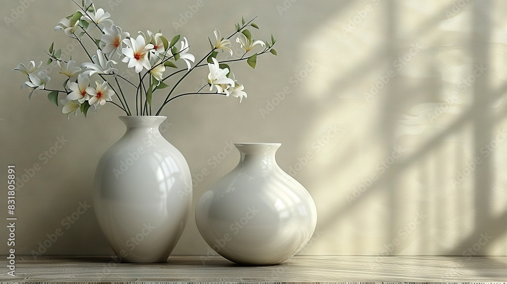 A pair of white vases sits on a wooden table, next to each other A pair of white vases sits on a wooden table, next to each other