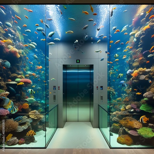 140 131. An elevator transformed into an underwater aquarium, wi