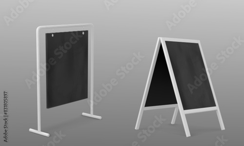 3d advertising sandwich board. Sign frame stand mockup. Easel billboard for street menu on sidewalk bear cafe. Outside restaurant black ad banner or promo realistic blank mock up side and front.