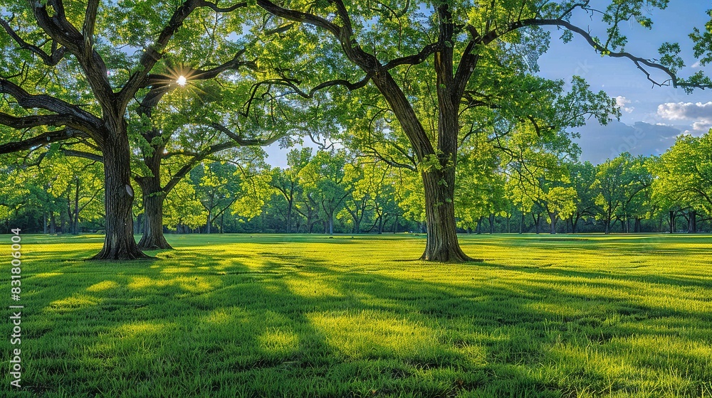 The sun illuminates a lush meadow, where emerald grasses sway beneath towering tree trunks on either side The sun illuminates a lush meadow, where emerald grasses sway beneath towering tree trunks on either side