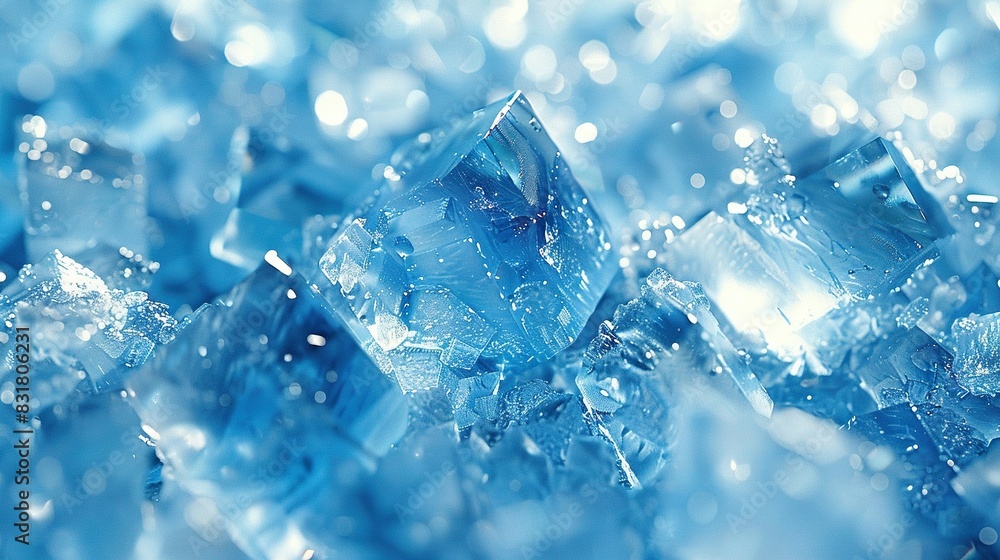 A cluster of blue ice cubes resting on a blue background with water beads on top A cluster of blue ice cubes resting on a blue background with water beads on top