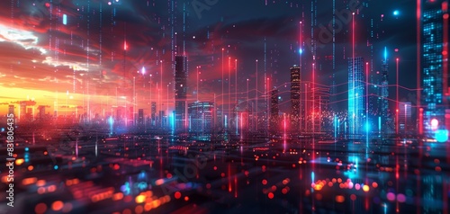 Wallpaper Mural cityscape at dusk with business charts, illuminated buildings, close up, vibrant palette, Double exposure silhouette with market analysis Torontodigital.ca