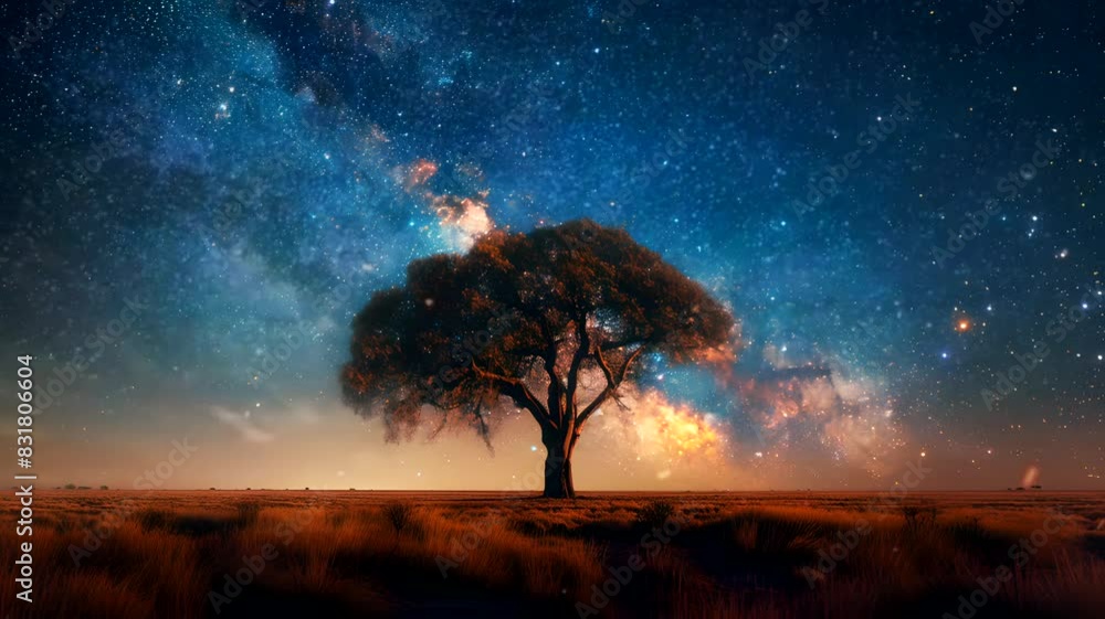 The view of a big tree in the middle of the savanna. The night sky with the Milky Way looks very beautiful The view of a big tree in the middle of the savanna. The night sky with the Milky Way looks very beautiful