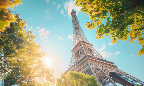 summer banner with Eiffel tower elements with background and copy space