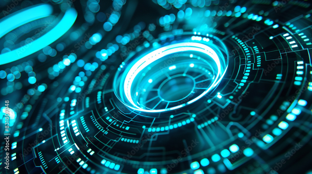 Turquoise circles lit by neon, ideal for tech campaigns, Turquoise circles lit by neon, ideal for tech campaigns,