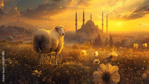 Sacred Sacrifice- Eid Al Adha Mubarak Background with Sheep and Islamic Prayer photo