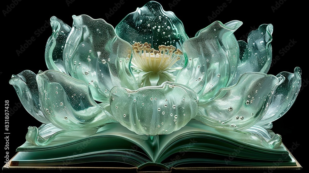 An open book featuring a flower image & water droplets on its pages An open book featuring a flower image & water droplets on its pages