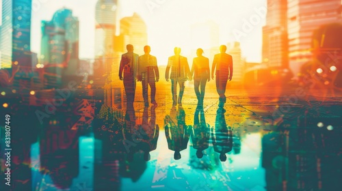business teamwork, group joining hands, modern workspace, focus on, bright hues, Double exposure silhouette with cityscape photo
