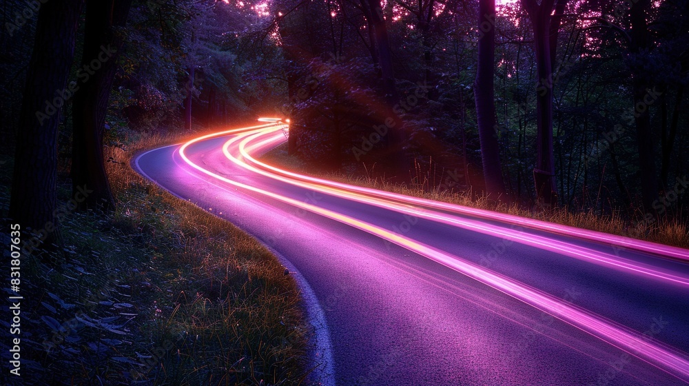 A road leads through the forest, ending with a purple glow at its conclusion in the picture A road leads through the forest, ending with a purple glow at its conclusion in the picture