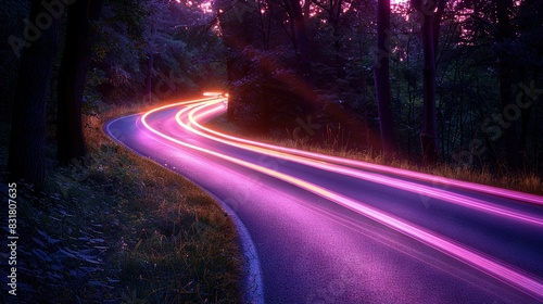   A road leads through the forest, ending with a purple glow at its conclusion in the picture photo