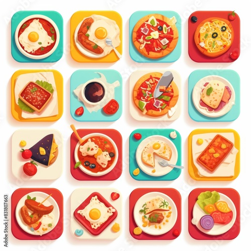 Sixteen colorful food icons with frosted glass texture and glowing outlines arranged in a 4x4 grid on a pure white background. Clean and bright flat design ideal for app icons or user interface.