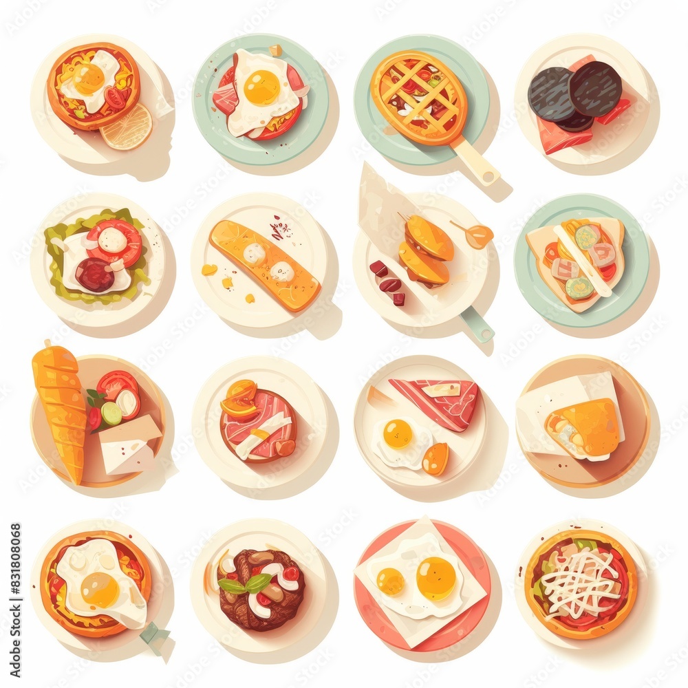 Sixteen colorful food icons with frosted glass texture and glowing outlines arranged in a 4x4 grid on a pure white background. Clean and bright flat design ideal for app icons or user interface. Sixteen colorful food icons with frosted glass texture and glowing outlines arranged in a 4x4 grid on a pure white background. Clean and bright flat design ideal for app icons or user interface.