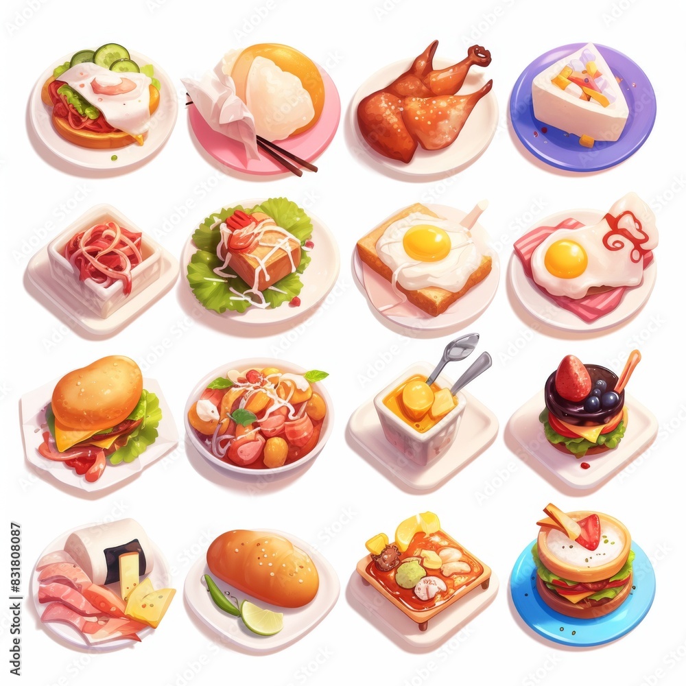 Sixteen colorful food icons with frosted glass texture and glowing outlines arranged in a 4x4 grid on a pure white background. Clean and bright flat design ideal for app icons or user interface. Sixteen colorful food icons with frosted glass texture and glowing outlines arranged in a 4x4 grid on a pure white background. Clean and bright flat design ideal for app icons or user interface.