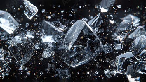  A close-up of an assortment of ice cubes on a dark background, with a splash of water added to the composition