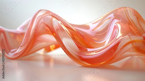  Close-up of a wavy orange-pink object on a white surface with a light background reflection