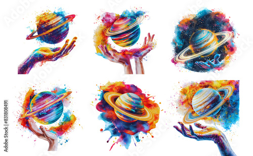 Collection of colorful Saturn illustrations on transparent background.
