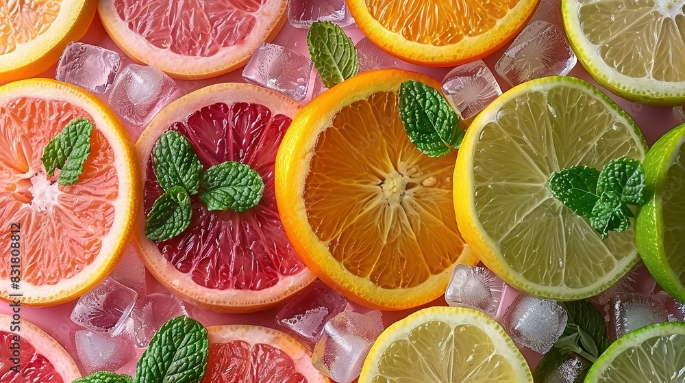 A group of oranges, limes, and grapefruits with mint leaves on ice cubes A group of oranges, limes, and grapefruits with mint leaves on ice cubes