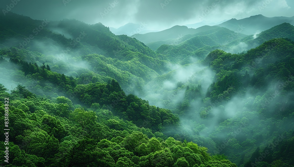 Natures Grandeur Imposing Mountains Veiled in Enigmatic Fog and Flourishing Flora Natures Grandeur Imposing Mountains Veiled in Enigmatic Fog and Flourishing Flora