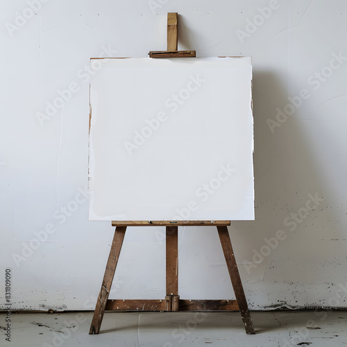 A blank white canvas sits on an easel, ready for an artist to begin painting photo