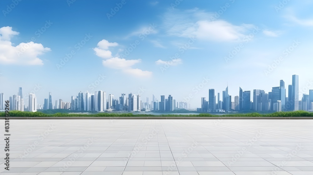 Vast Urban Skyline Under Bright Blue Sky - Panoramic Shot of Towering Skyscrapers and Endless Downtown Cityscape Vast Urban Skyline Under Bright Blue Sky - Panoramic Shot of Towering Skyscrapers and Endless Downtown Cityscape