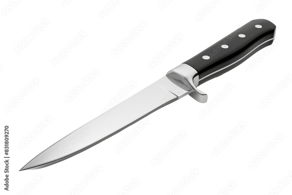 Sharp kitchen knife with a black handle and stainless steel blade isolated on a white background, ideal for culinary and cooking concepts. Sharp kitchen knife with a black handle and stainless steel blade isolated on a white background, ideal for culinary and cooking concepts.