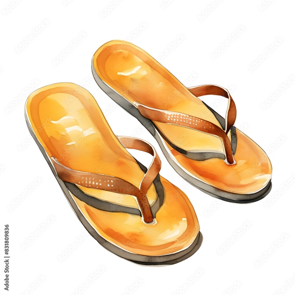 Vibrant Watercolor of Cozy Flip Flops on Plain White Background Vibrant Watercolor of Cozy Flip Flops on Plain White Background