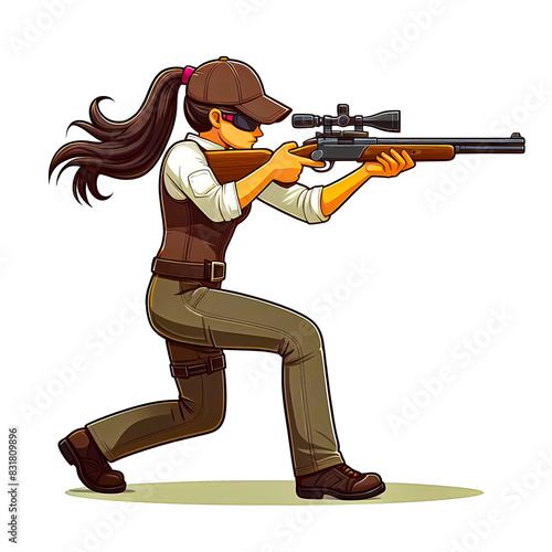 Vector illustration of a female athlete practicing skeet shooting in a standing position during competition on a white background.