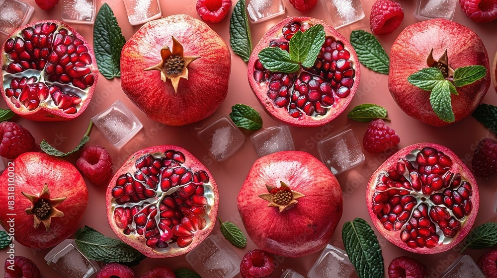 A cluster of pomegranates atop ice cubes with nearby raspberries A cluster of pomegranates atop ice cubes with nearby raspberries