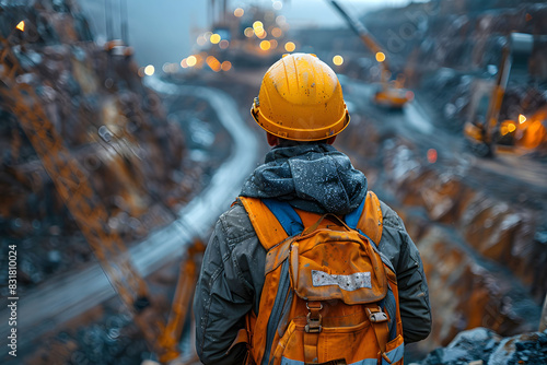 A man wearing a hard hat and a backpack carefully surveys a bustling construction site
