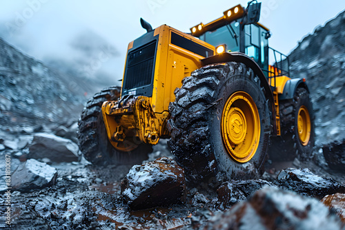 A yellow bulldozer is seen actively moving through a rugged rocky terrain, clearing the path ahead