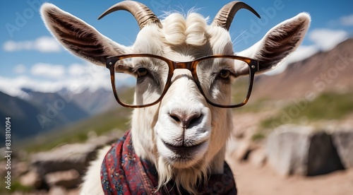 A Thought-Provoking Portrait of a Goat in Glasses - Unveiling the Fine Line Between Seriousness and Humor in this Quirky Snapshot photo