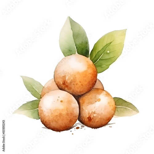 Watercolor of Ripe Longan Fruits on White Background