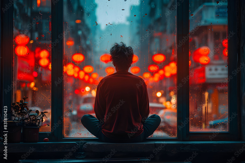 A person sits on a window sill, gazing out at the street below A person sits on a window sill, gazing out at the street below