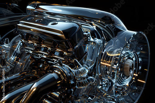 Detailed close-up view of a motorcycle engine, showcasing intricate parts and mechanisms, against a black backdrop © PLATİNUM