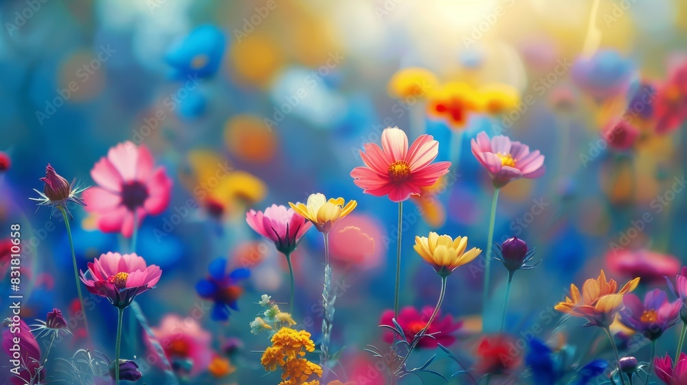 Obraz premium blooming flower meadow, vibrant wildflowers, springtime setting, focus on, vivid colors, Double exposure silhouette with blossoms