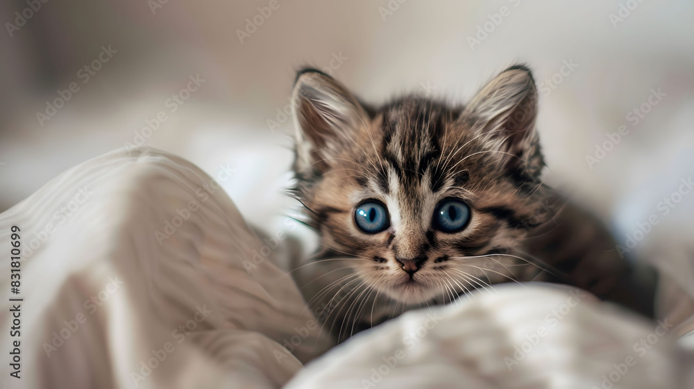 A tiny kitten with striking blue eyes rests comfortably on a bed