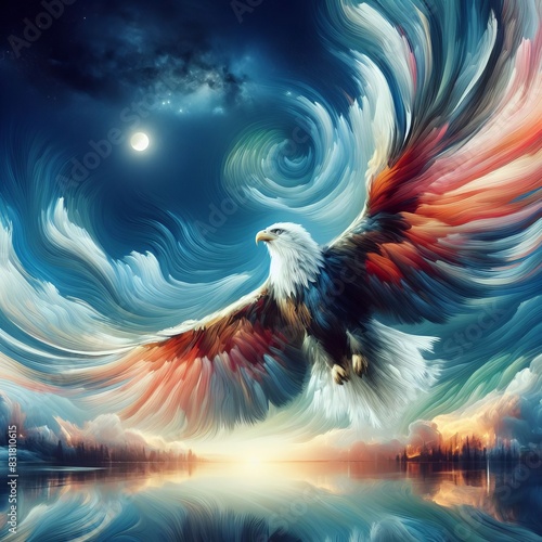 177 7. A painting that morphs into a majestic eagle, soaring hig photo